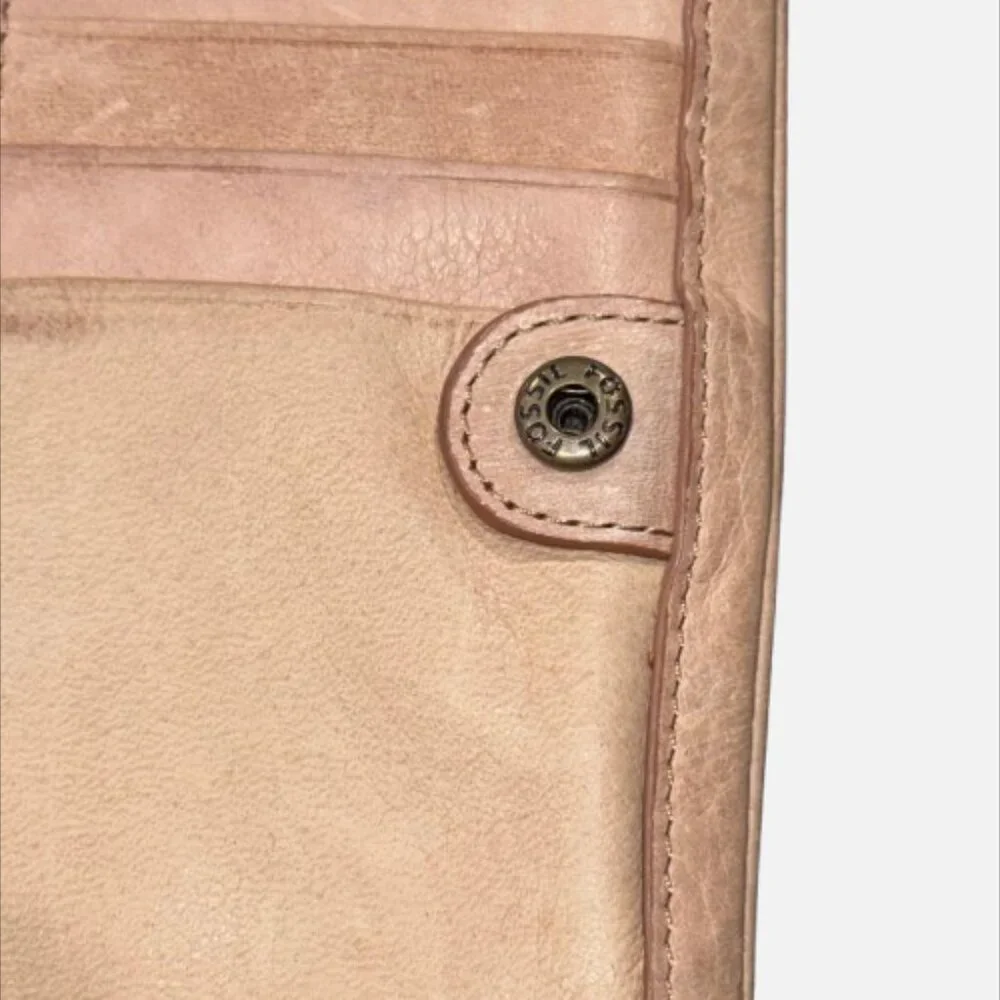 🗝Fossil Explorer Tan Leather Front Colored Stitch Accent Clutch Wallet YKK Zips
